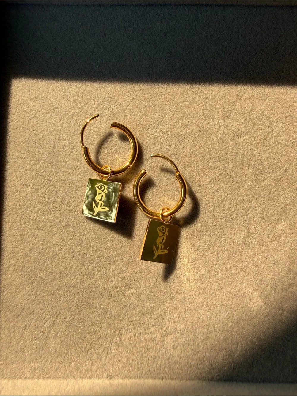 NWT Gold Square Engraved Rose Charm Stainless Steel Hoop Earrings